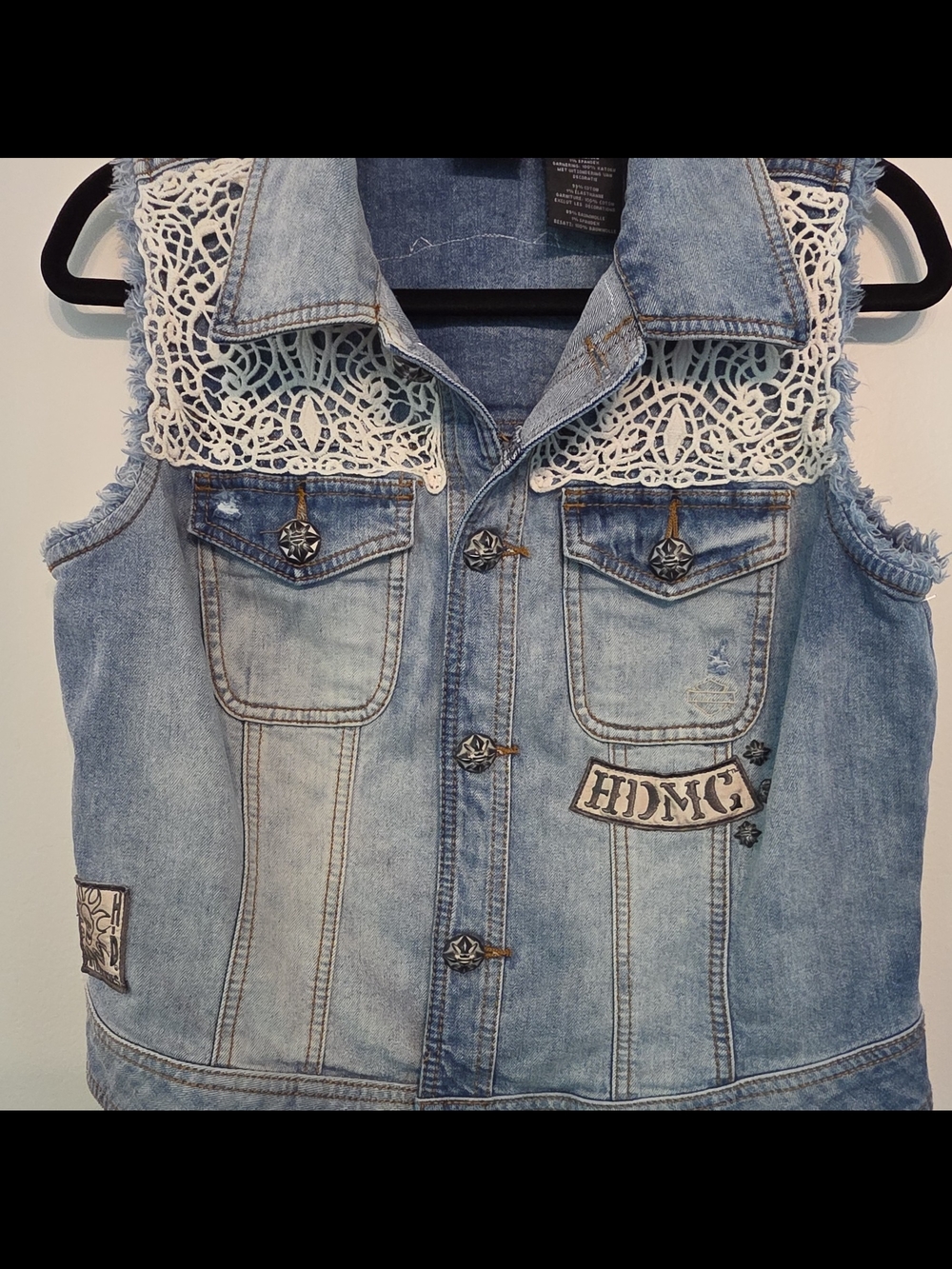 Harley-Davidson Light Blue Denim Vest with White Lace Skull